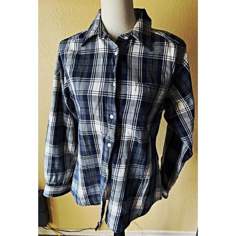 Eddie Bauer Flannel Shirt Women's M Tall, navy/gray/white plaid, 100% cotton